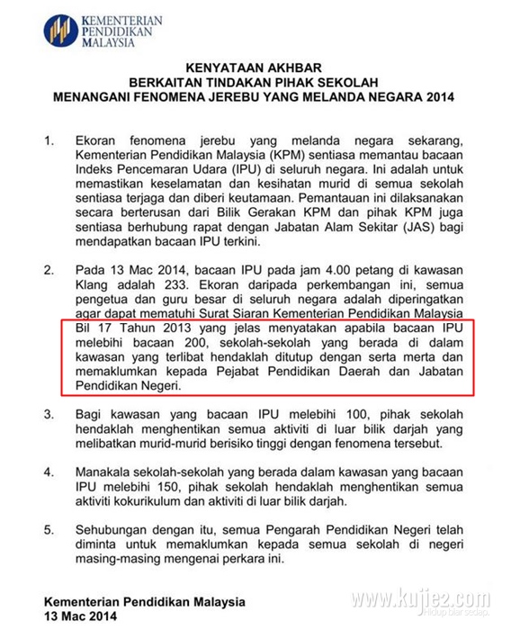 Bacaan IPU Jerebu Terkini 13 Mac 2014, Sekolah Di Klang Tutup